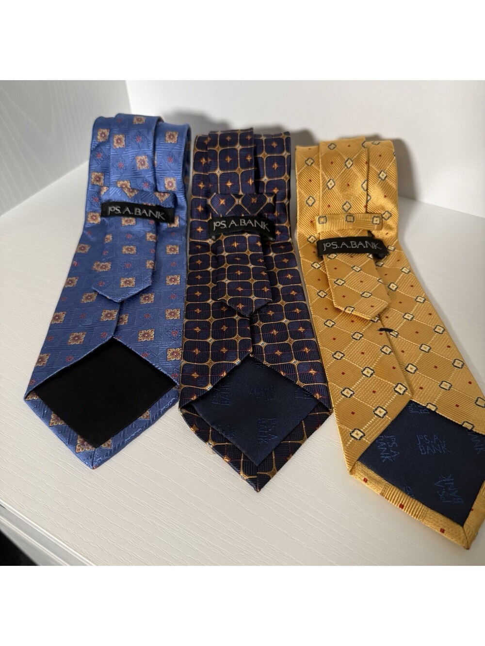 Jos. A. Bank Men’s Silk Neckties Lot of 3 Blue Navy Gold Geometric 100% Silk
